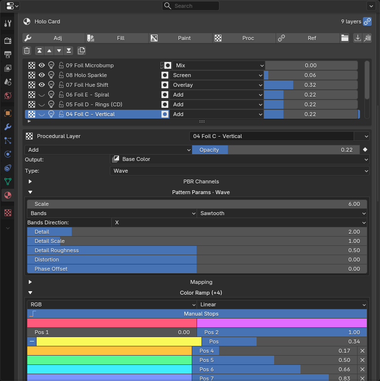 The Holo Card layer stack in the TLM panel: five foil layers with visibility toggles
